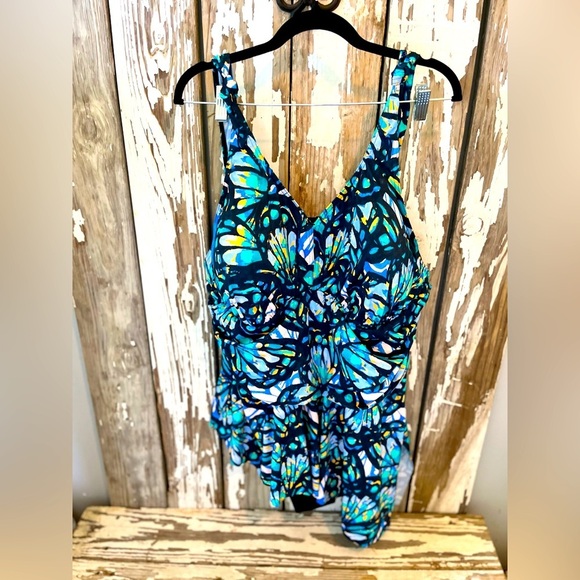 Ulla Popken One Piece Swimsuit dress NWT Size 32 Blue Green Abstract Butterfly